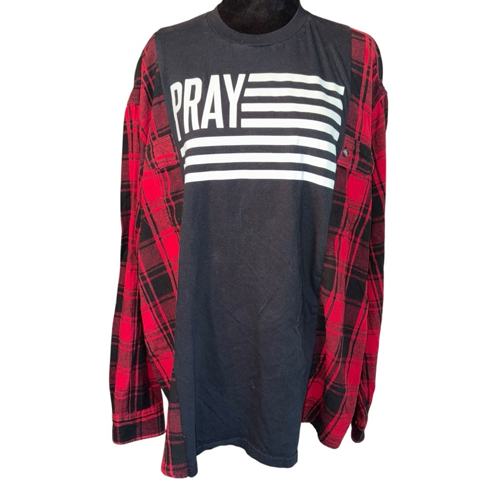Reworked Upcycled Pray Tshirt &Flannel Festivals Faith Prayer  Size X-Large REA